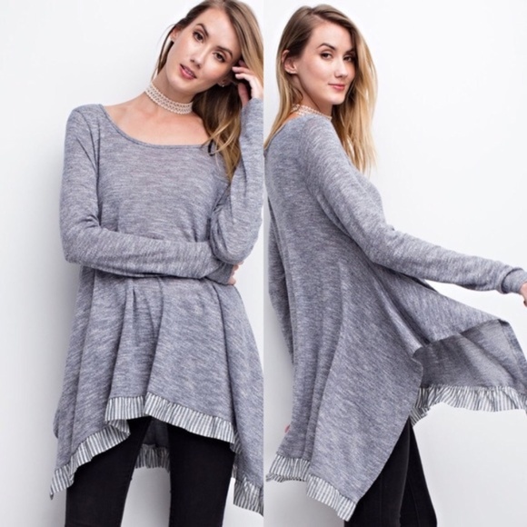 Glamvault Tops - Two-tone Heathered Sharkbite Stripe Hem Tunic